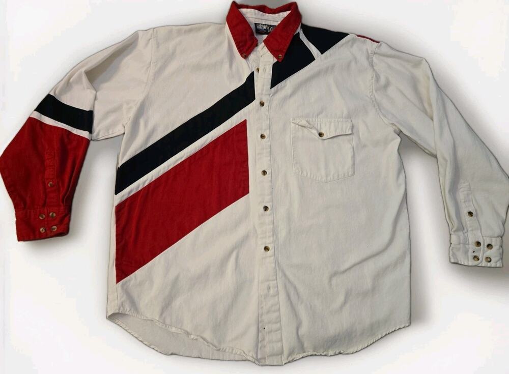Vintage 90s Gordon & James Western Shirt Men’s XL Red White Blue Colorblock